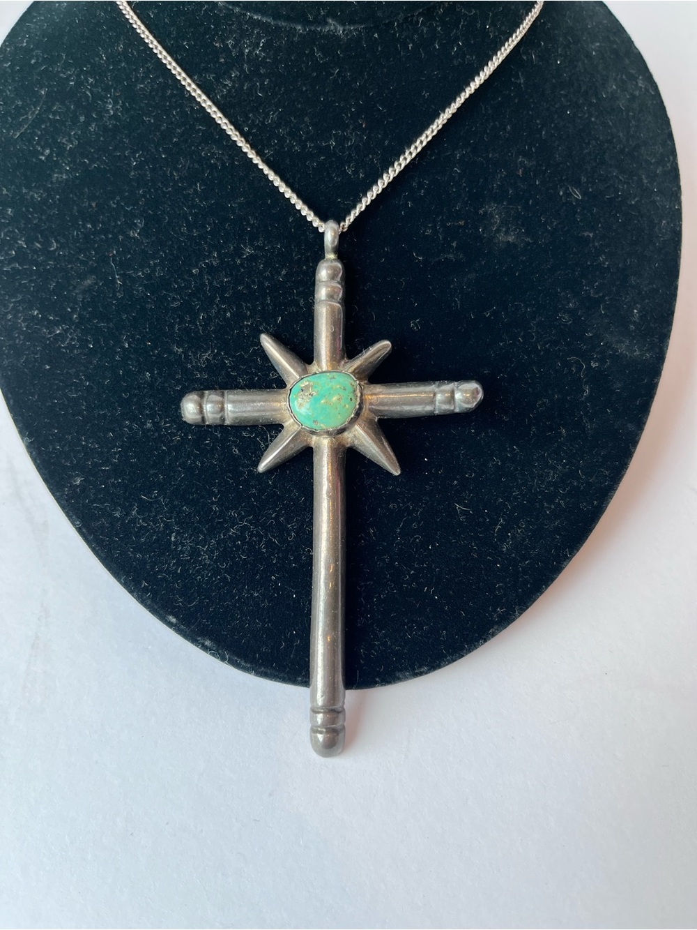Vintage Native American Silver Turquoise Starburst Cross Necklace Large